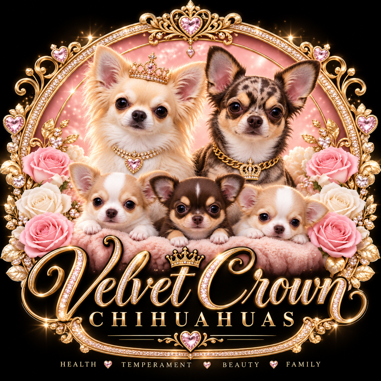 Velvet Crown Chihuahuas logo with adult Chihuahuas and puppies